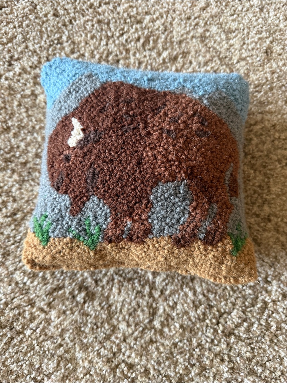 Brown Buffalo Hooked Accent Pillow